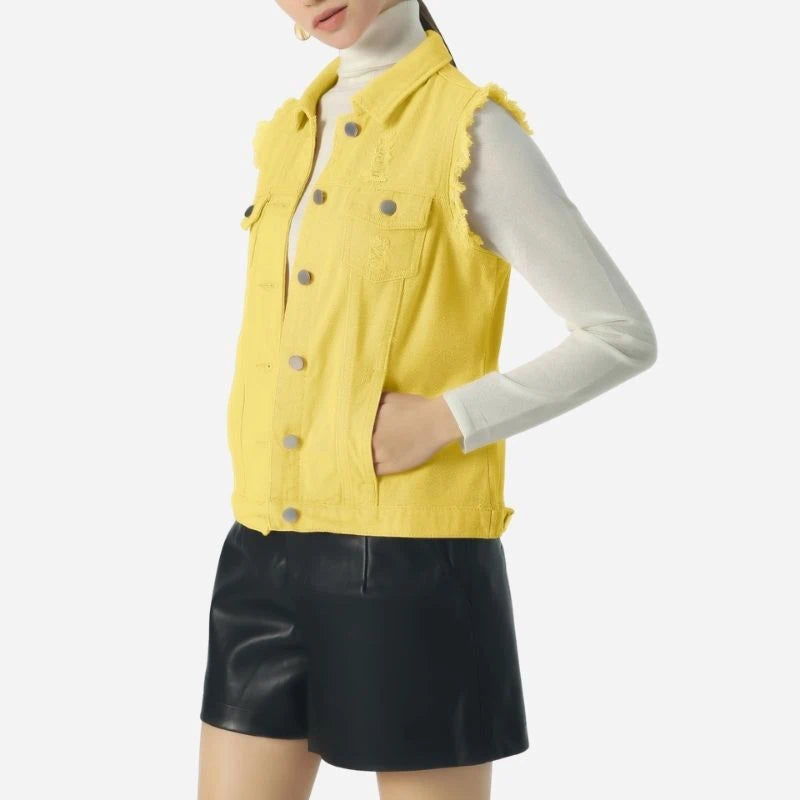 women's denim vest sleeveless jean waistcoat in yellow, side view