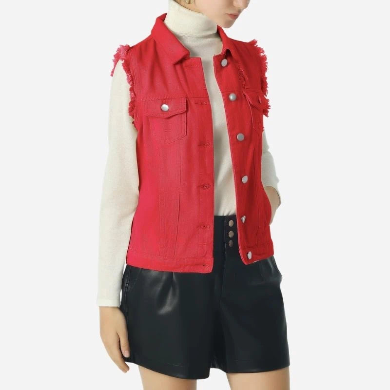 women's denim vest sleeveless jean waistcoat in red, front view