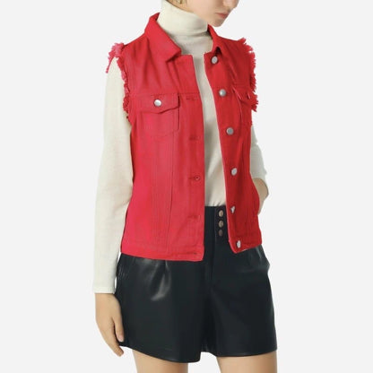 women's denim vest sleeveless jean waistcoat in red, front view