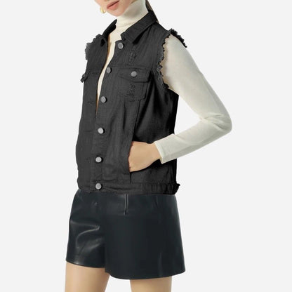 women's denim vest sleeveless jean waistcoat in black, front view