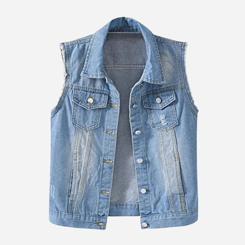 women's denim vest sleeveless jean waistcoat in light blue, front view