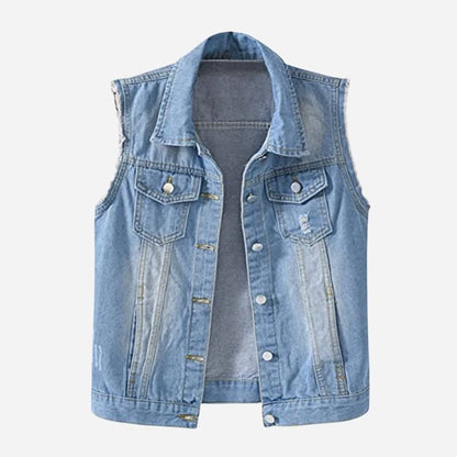 women's denim vest sleeveless jean waistcoat in light blue, front view