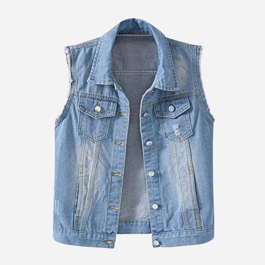 women's denim vest sleeveless jean waistcoat in light blue, front view