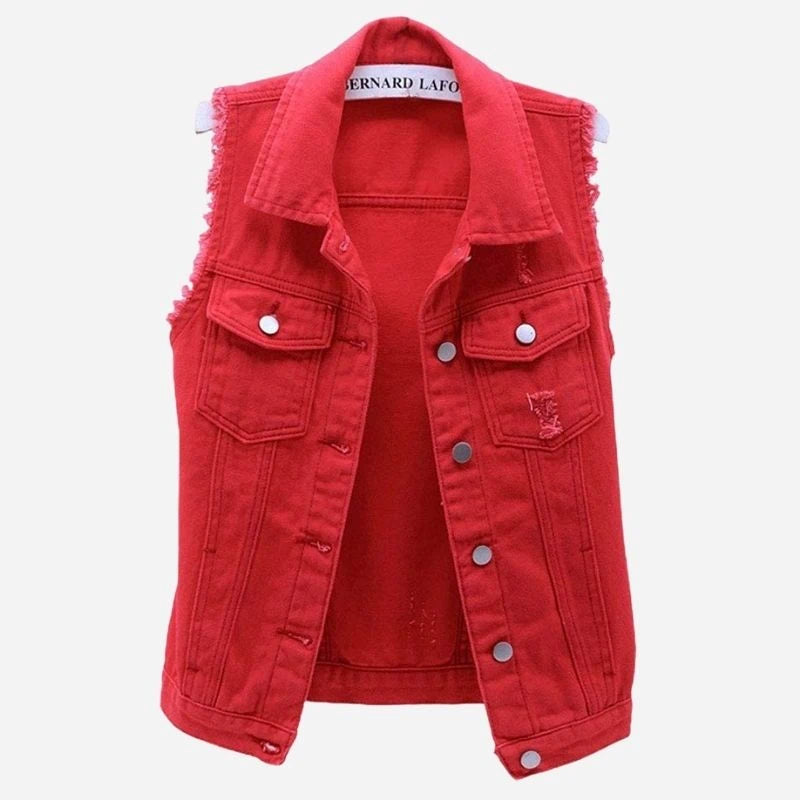 women's denim vest sleeveless jean waistcoat in red