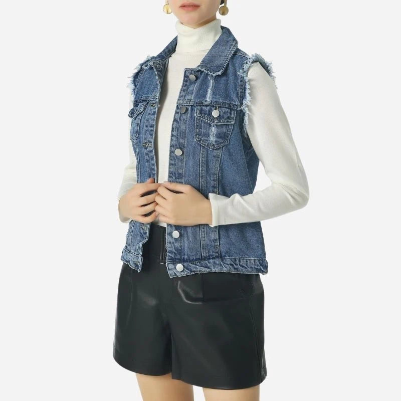 women's denim vest sleeveless jean waistcoat in dark blue, side view