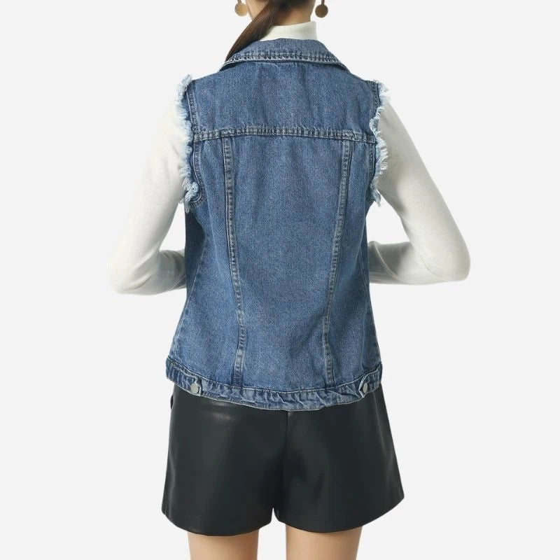 women's denim vest sleeveless jean waistcoat in dark blue, back view