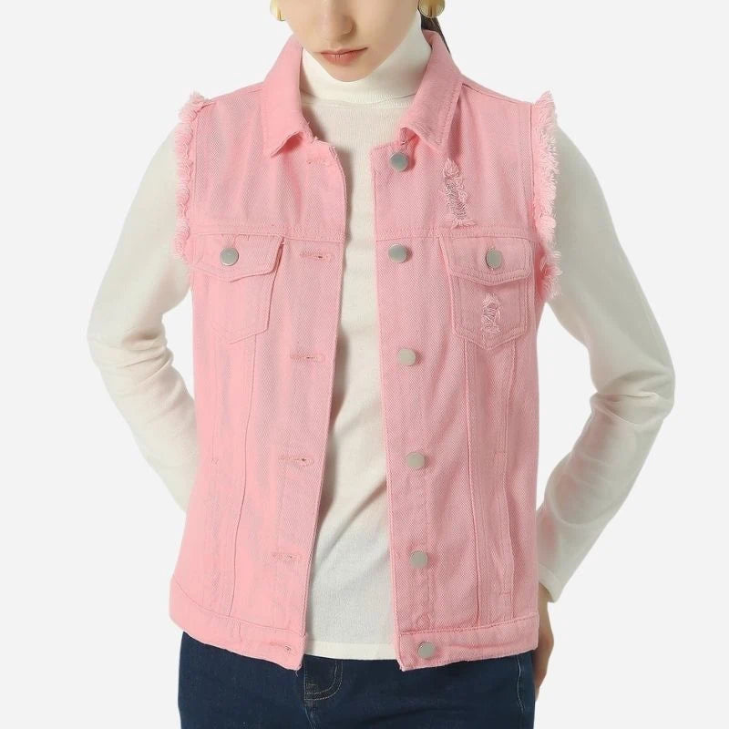 women's denim vest sleeveless jean waistcoat in pink