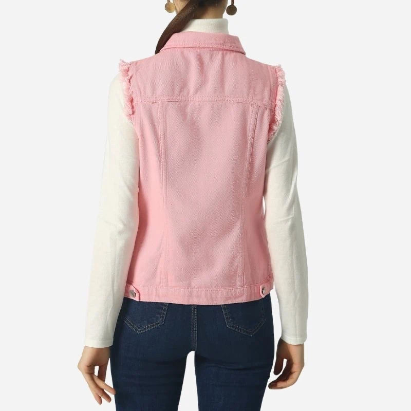 women's denim vest sleeveless jean waistcoat in pink, back view