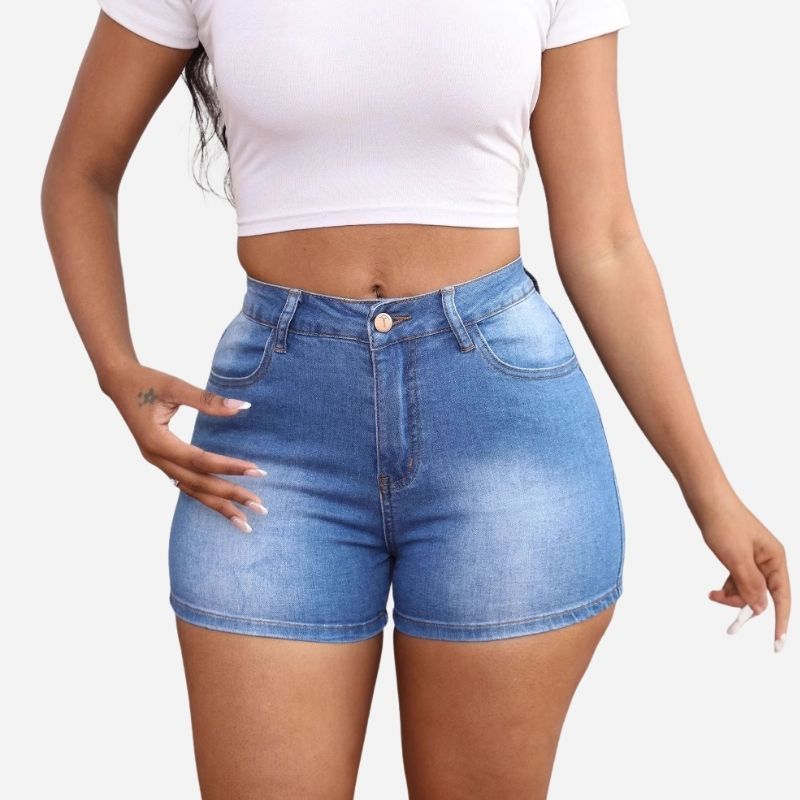 Women’s High Waist Stretch Denim Shorts Slimming Jean Summer Hotpants - Blue Color