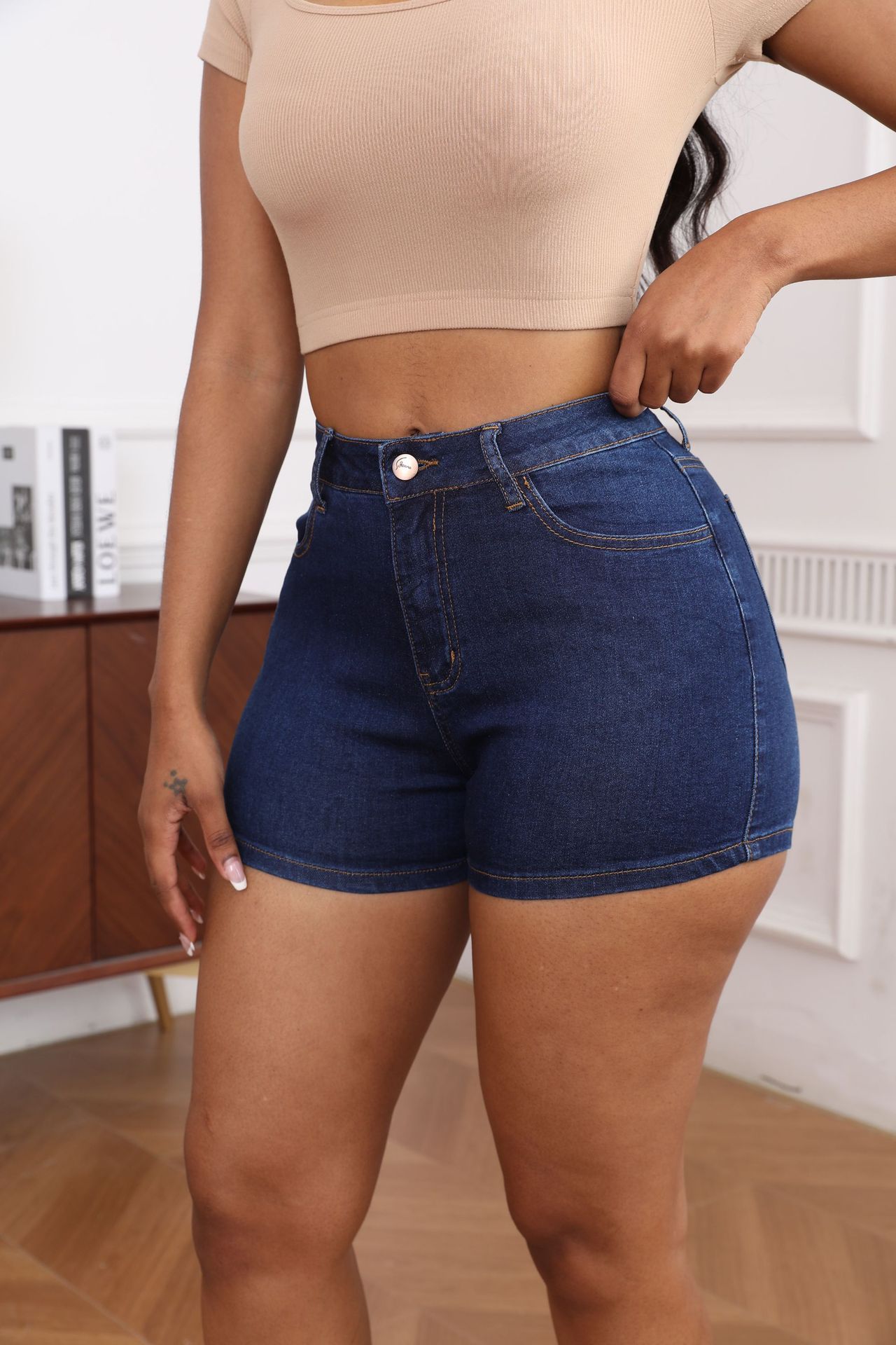 Women’s High Waist Stretch Denim Shorts Slimming Jean Summer Hotpants - Navy Color