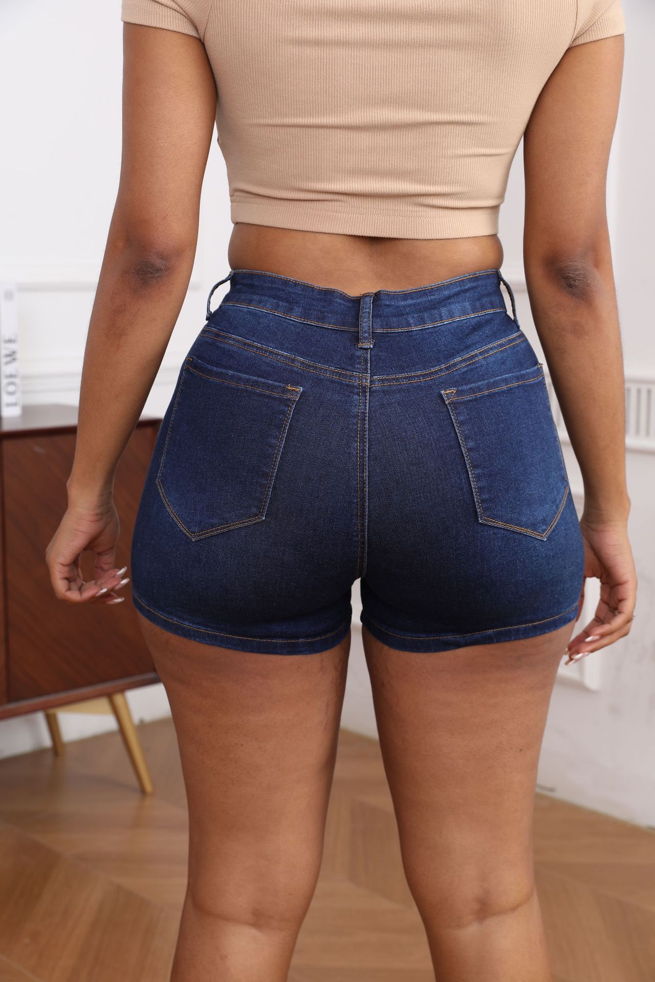 Women’s High Waist Stretch Denim Shorts Slimming Jean Summer Hotpants - Navy Color back view