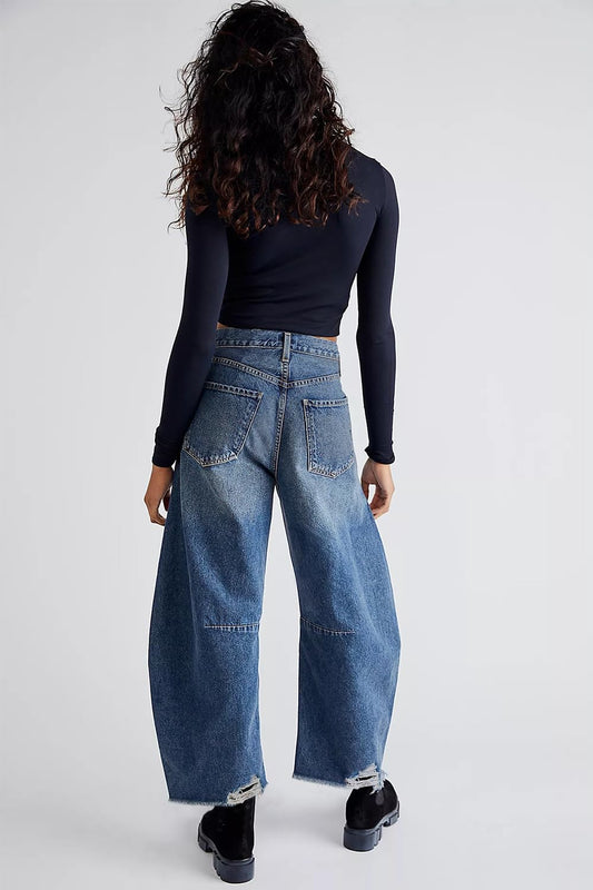 Women's High Waisted Barrel Baggy Jeans Stretch Denim Pants Trousers