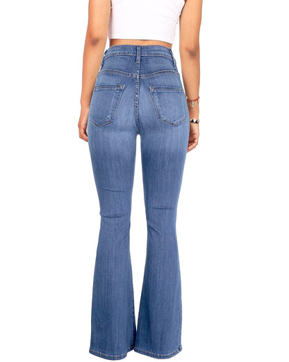 Women’s High Waisted Bell Bottom Stretch Flare Bootcut Denim Jeans blue color with back view