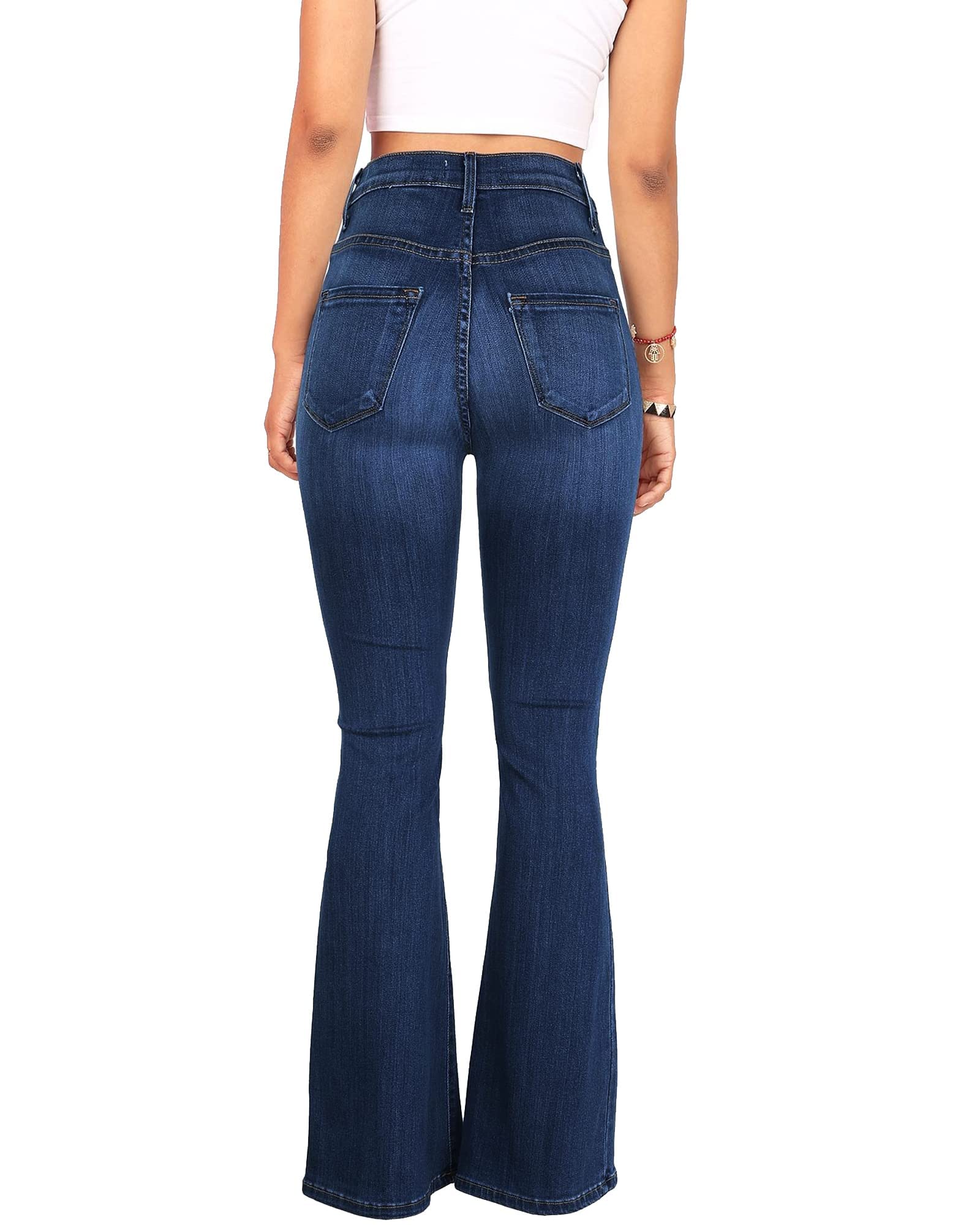 Women’s High Waisted Bell Bottom Stretch Flare Bootcut Denim Jeans navy color with back view
