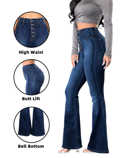Women’s High Waisted Bell Bottom Stretch Flare Bootcut Denim Jeans navy color details