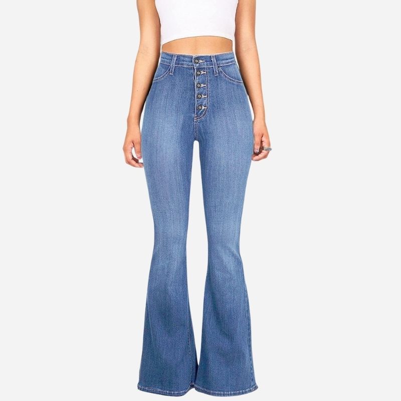Women’s High Waisted Bell Bottom Stretch Flare Bootcut Denim Jeans blue color