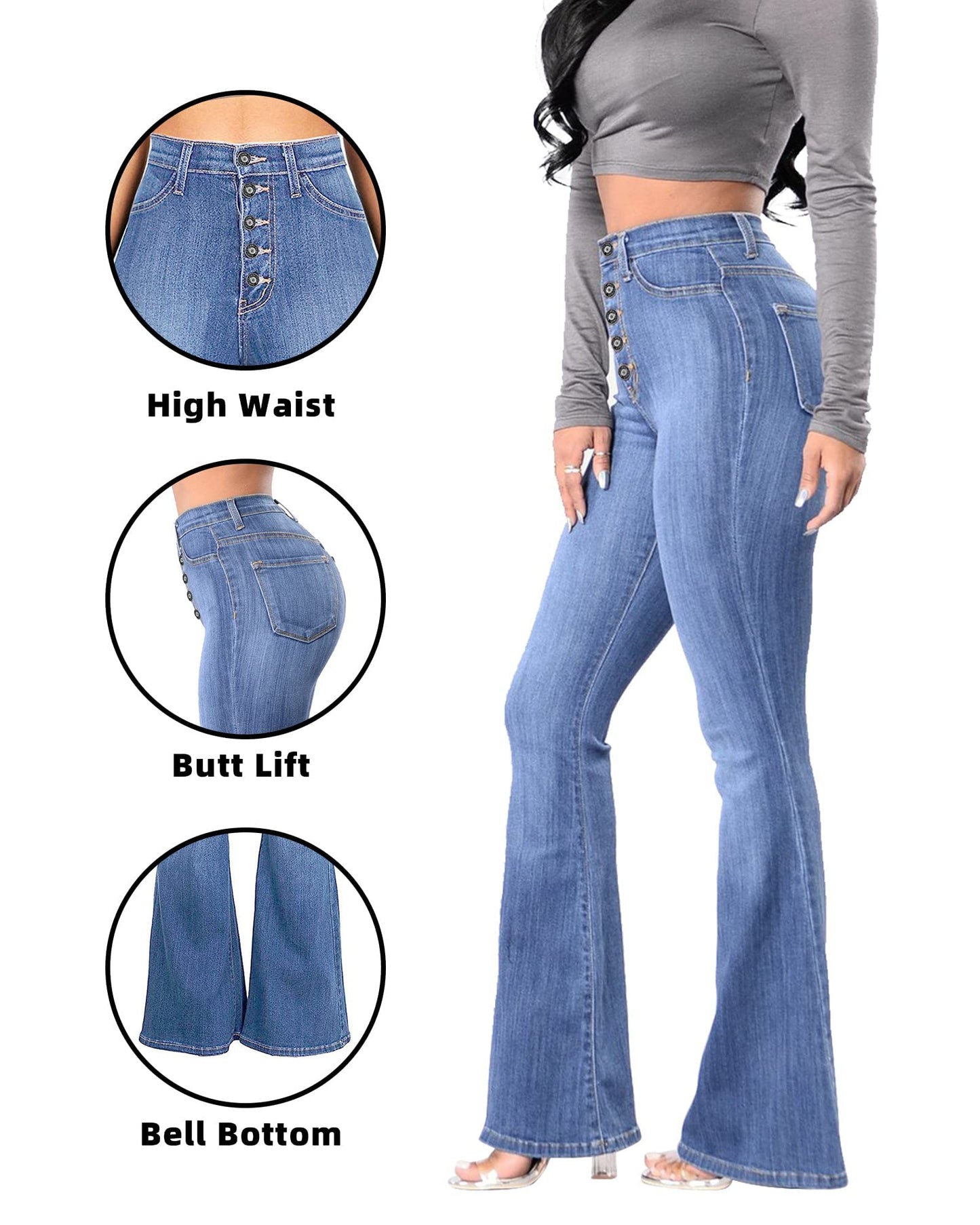 Women’s High Waisted Bell Bottom Stretch Flare Bootcut Denim Jeans blue color details
