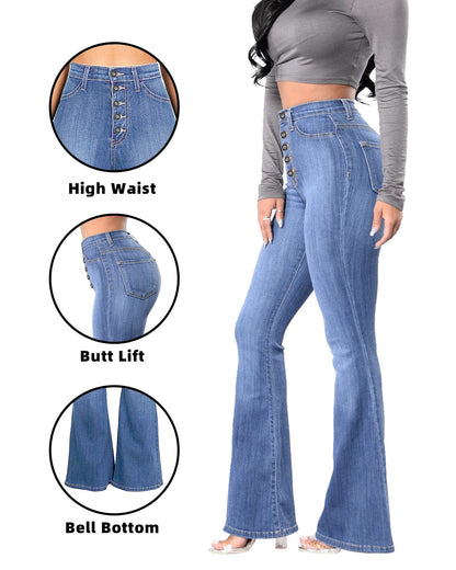 Women’s High Waisted Bell Bottom Stretch Flare Bootcut Denim Jeans blue color details
