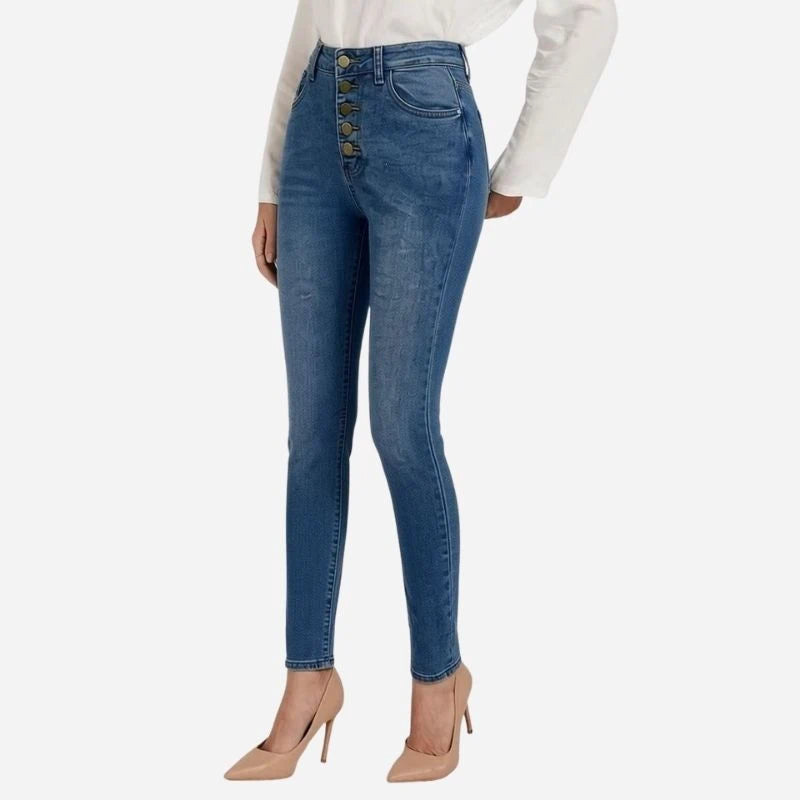 women's high waisted button fly skinny jeans in blue