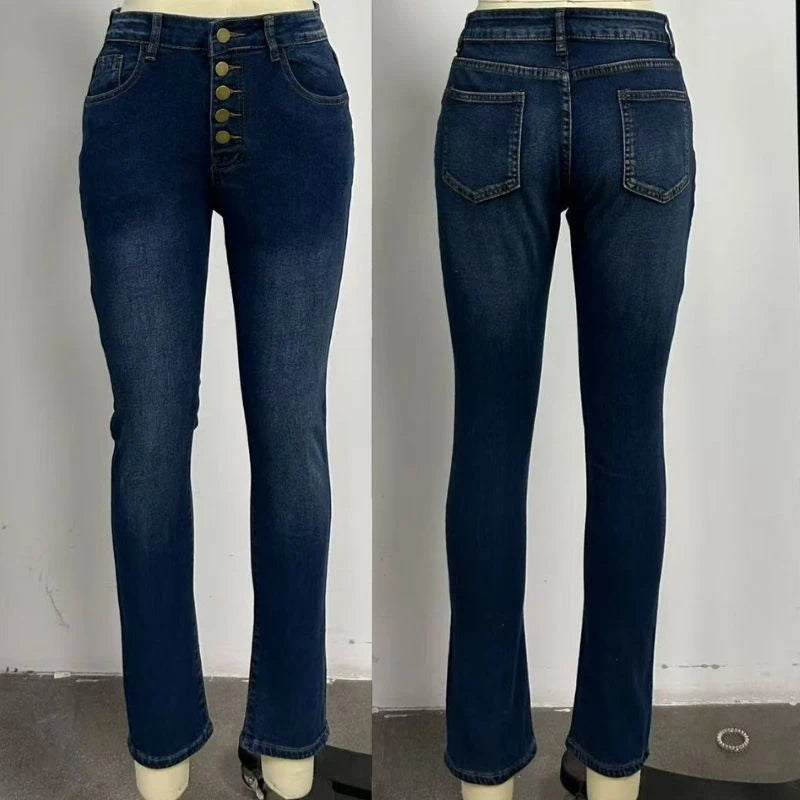women's high waisted button fly skinny jeans in dark blue, front and back views