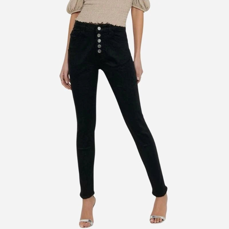 women's high waisted button fly skinny jeans in black, front view