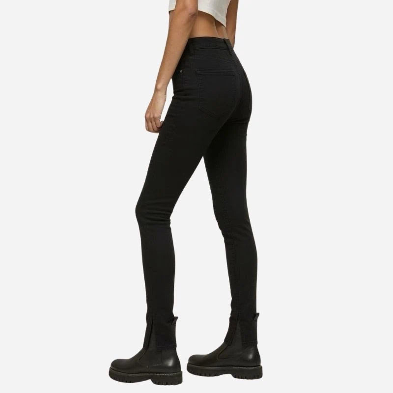 women's high waisted button fly skinny jeans in black, side view