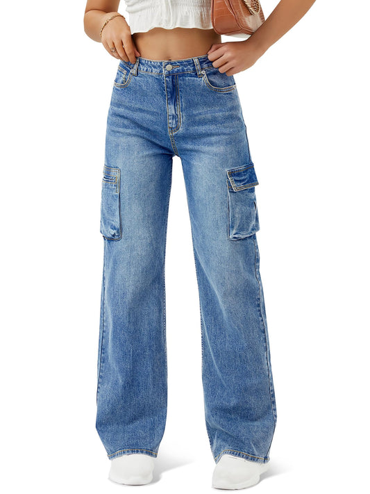Women's High Waisted Cargo Jeans Straight Wide Leg Stretch Baggy Jean