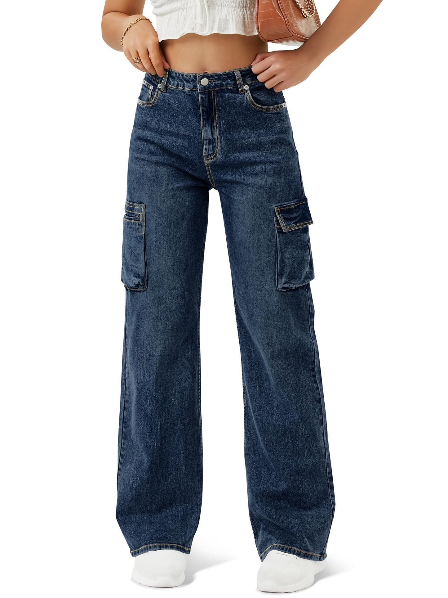 Women's High Waisted Cargo Jeans Straight Wide Leg Stretch Baggy Jean