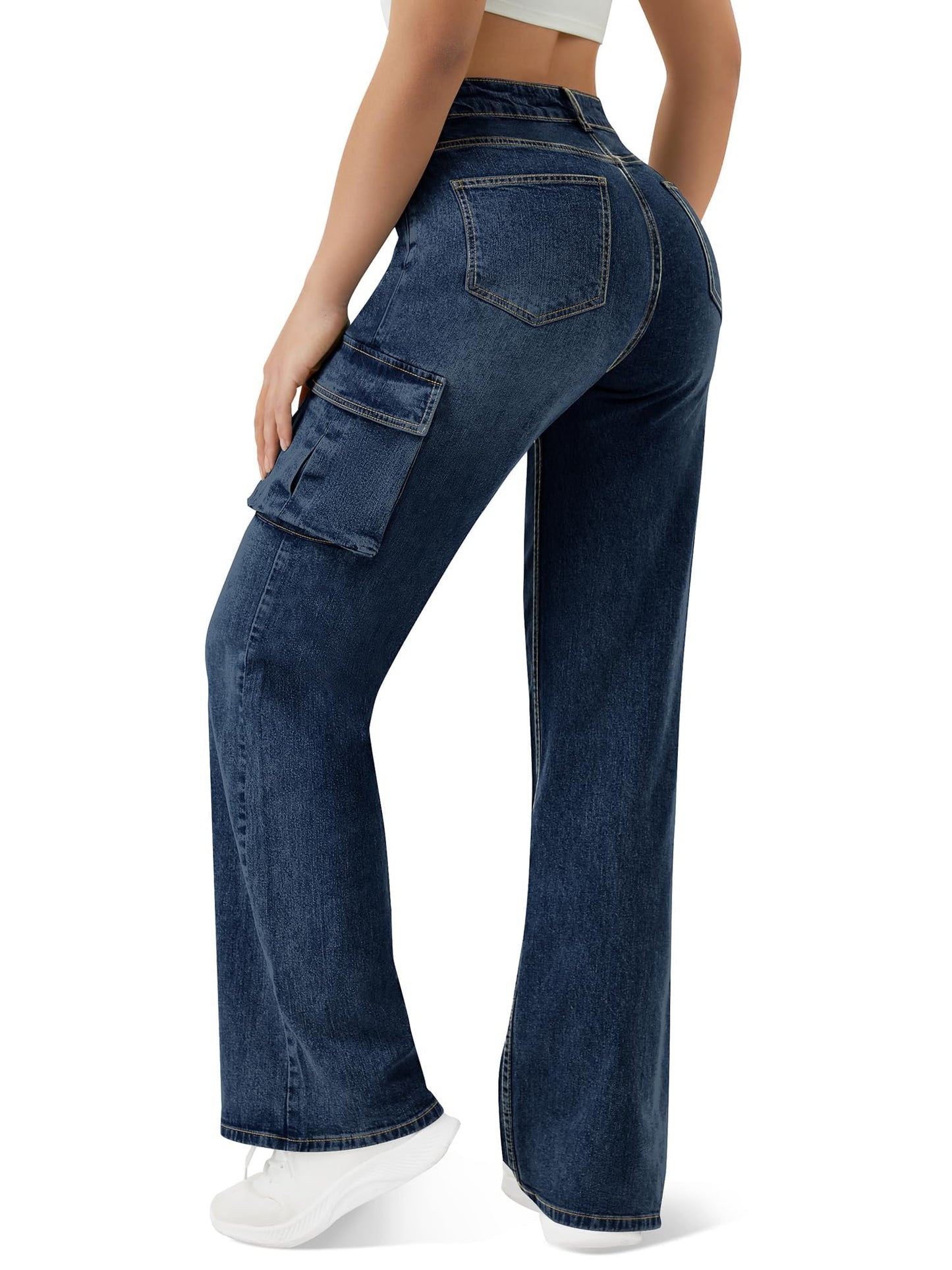 Women's High Waisted Cargo Jeans Straight Wide Leg Stretch Baggy Jean