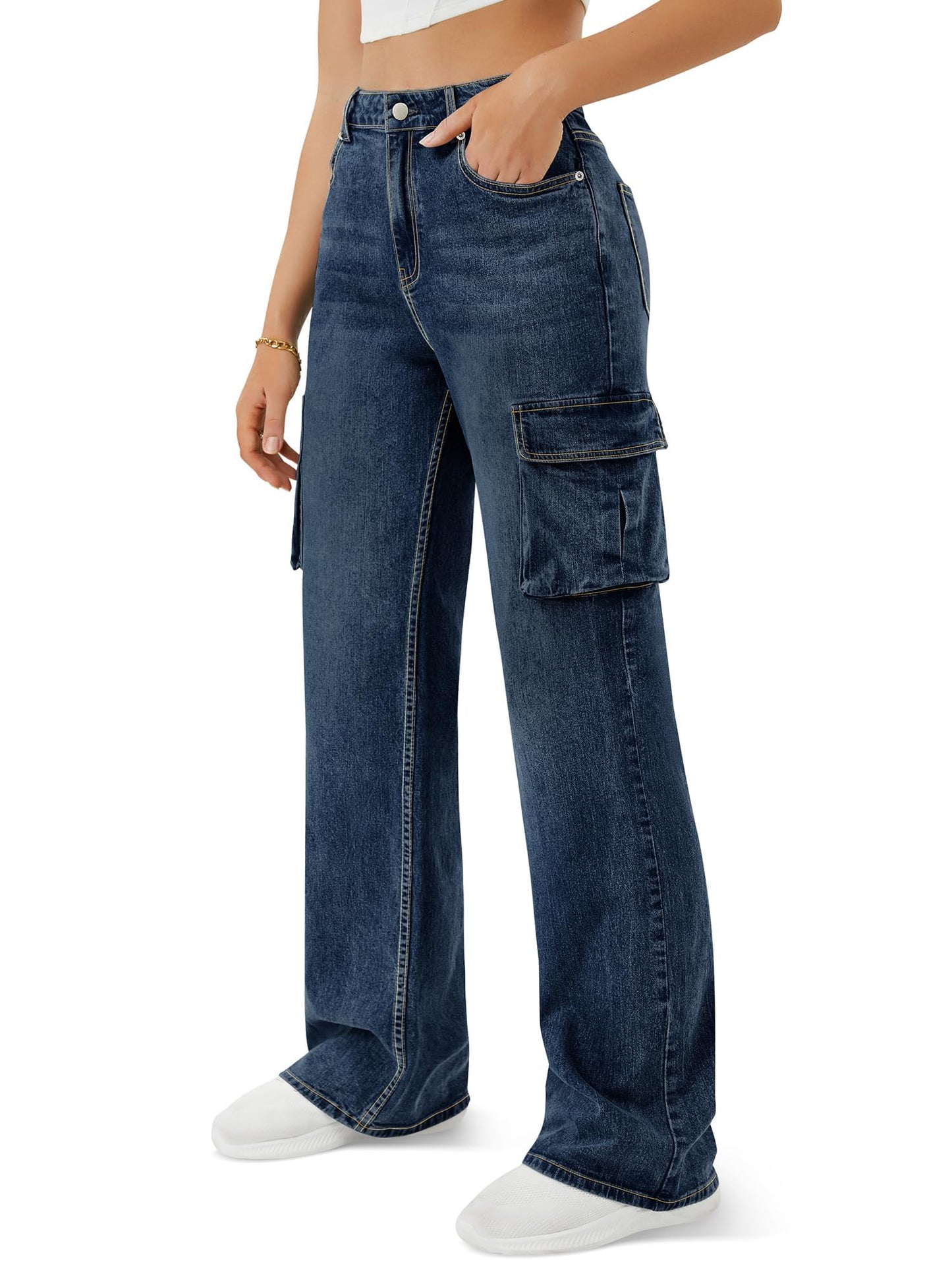 Women's High Waisted Cargo Jeans Straight Wide Leg Stretch Baggy Jean