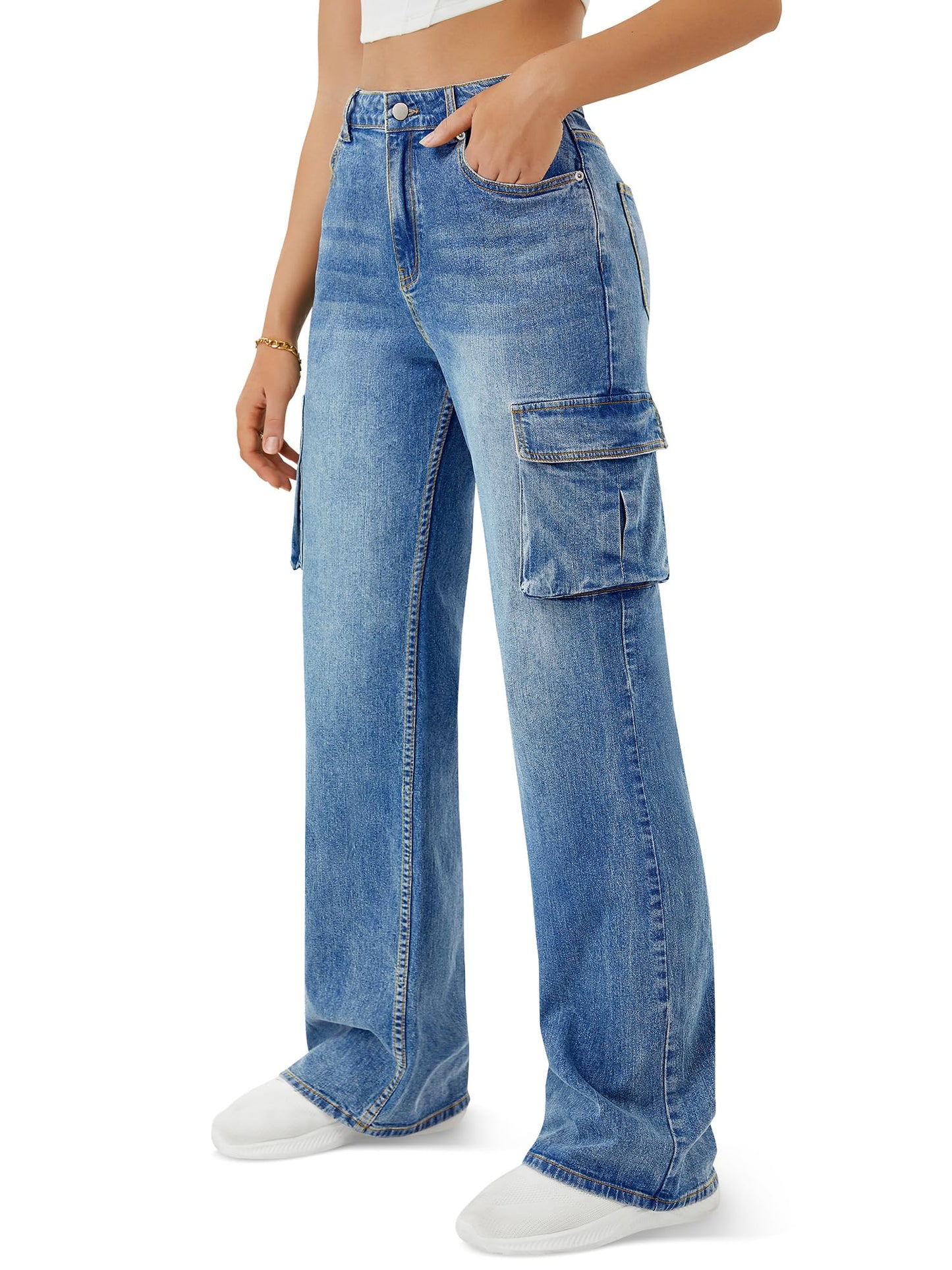 Women's High Waisted Cargo Jeans Straight Wide Leg Stretch Baggy Jean