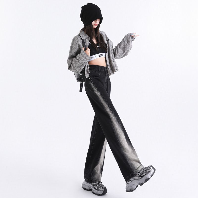 Women’s High Waisted Color Block Jeans Wide Leg Straight Denim Pants