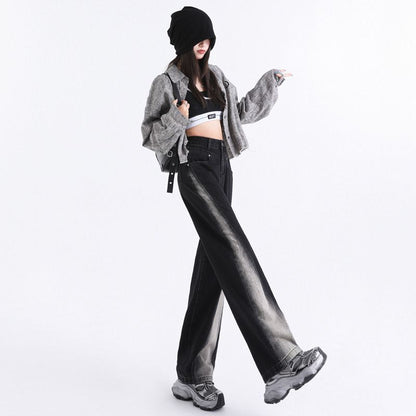 Women’s High Waisted Color Block Jeans Wide Leg Straight Denim Pants