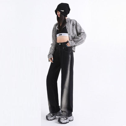 Women’s High Waisted Color Block Jeans Wide Leg Straight Denim Pants