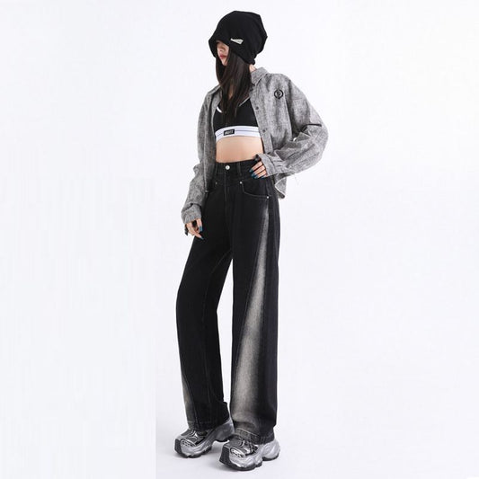 Women’s High Waisted Color Block Jeans Wide Leg Straight Denim Pants