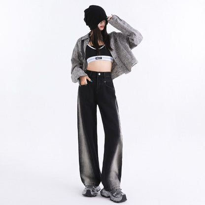 Women’s High Waisted Color Block Jeans Wide Leg Straight Denim Pants