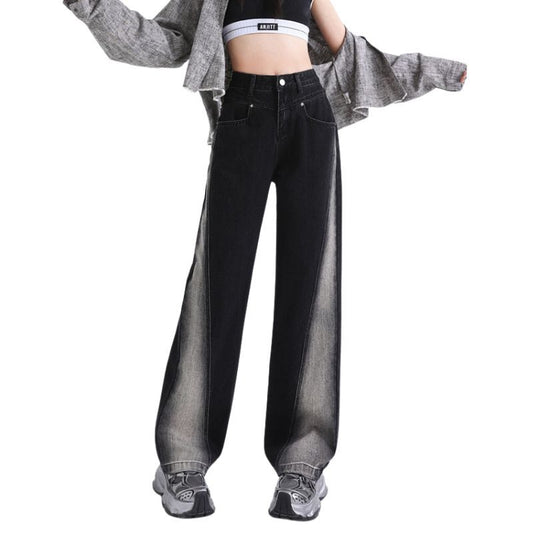 Women’s High Waisted Color Block Jeans Wide Leg Straight Denim Pants