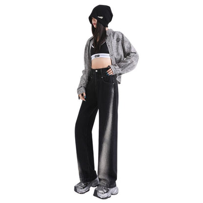 Women’s High Waisted Color Block Jeans Wide Leg Straight Denim Pants