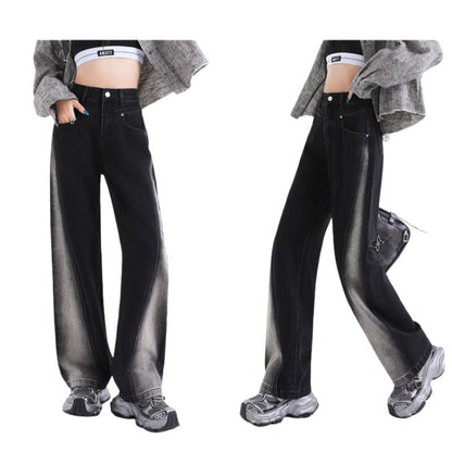 Women’s High Waisted Color Block Jeans Wide Leg Straight Denim Pants