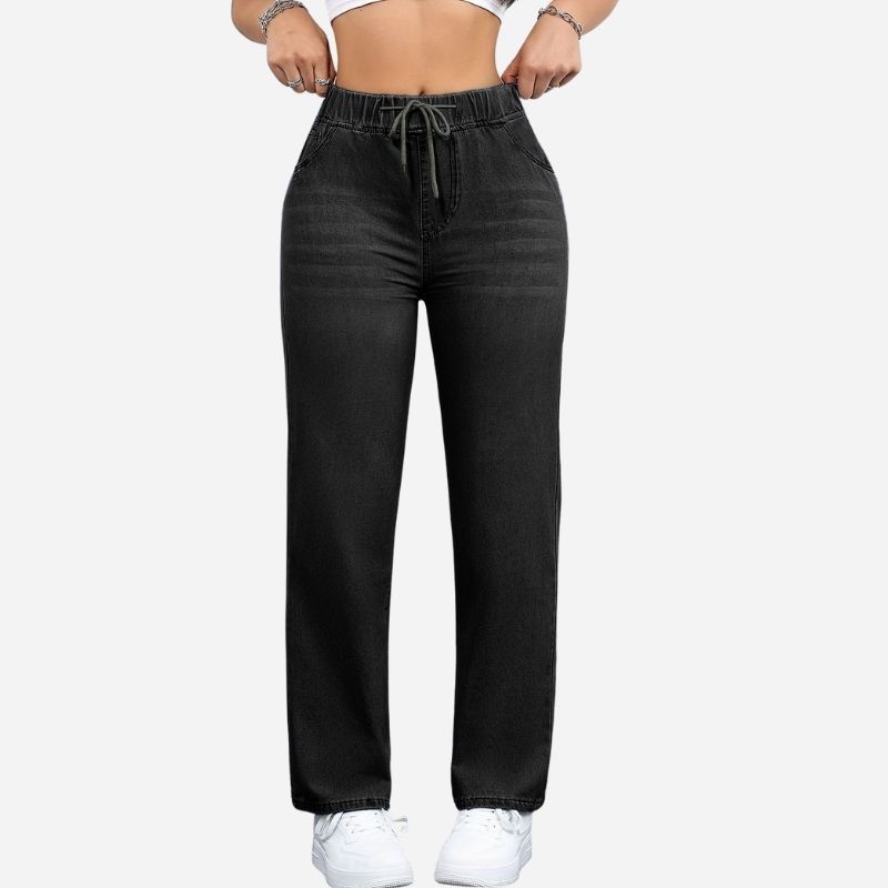 Women's high waisted pull on wide leg stretch drawstring denim pants in black, front view