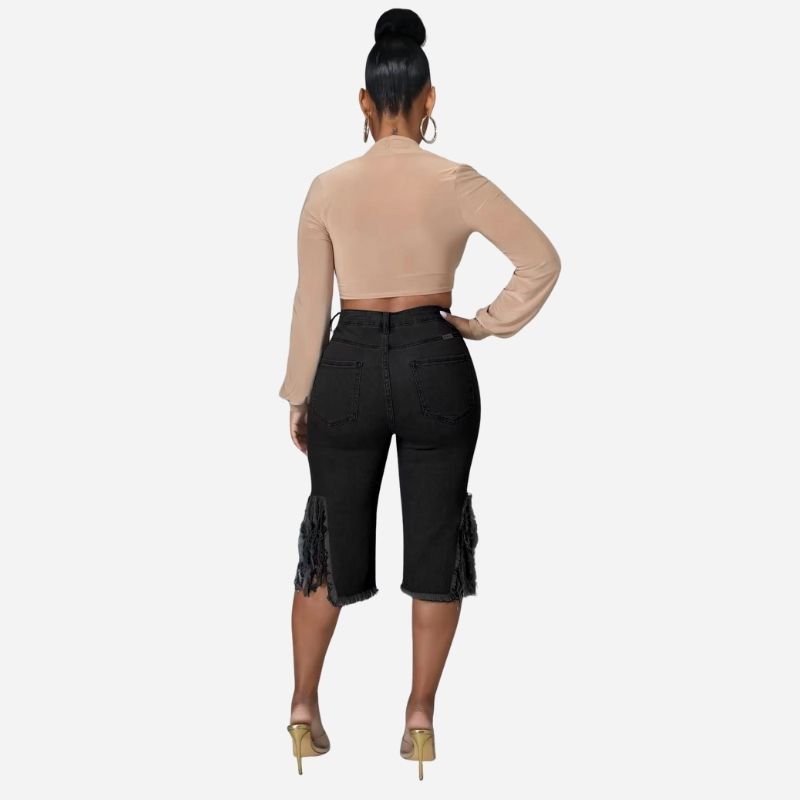 Women's high waisted ripped denim capri shorts raw hem chain distressed in black