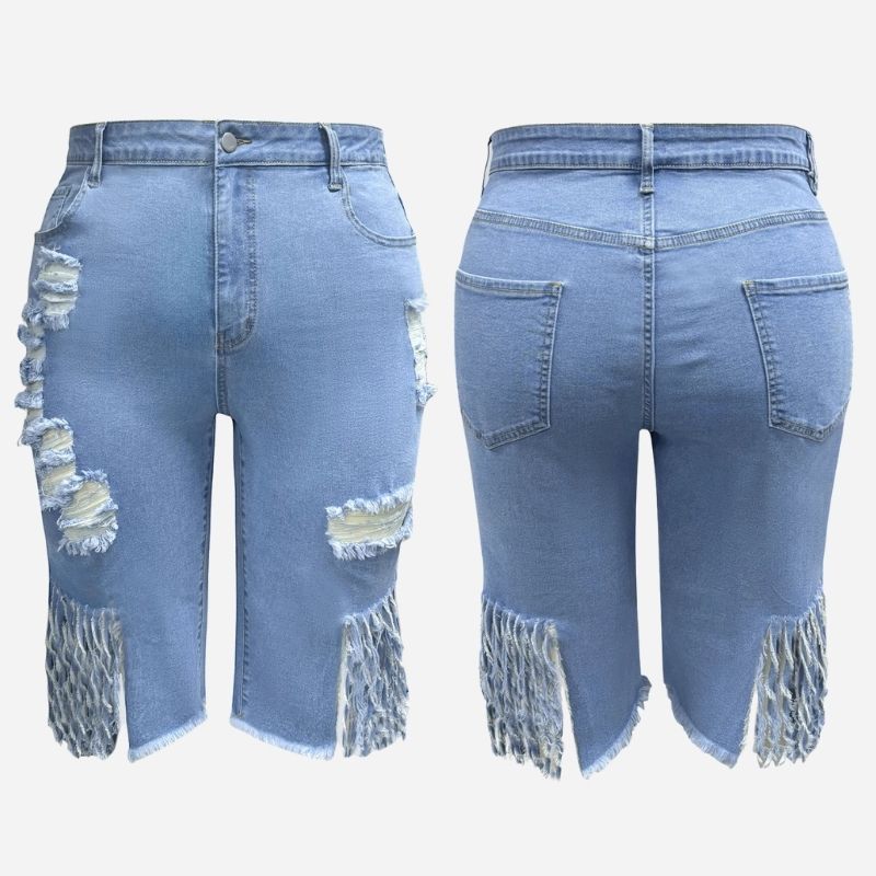 Women's high waisted ripped denim capri shorts raw hem chain distressed in blue, front and back views