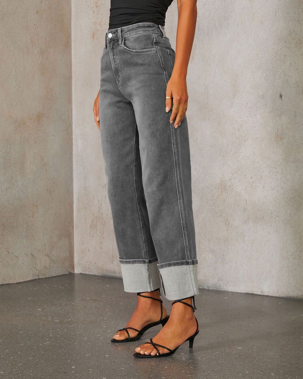 Women’s High Waisted Straight Leg Cuffed Jeans Vintage Casual Denim Pants