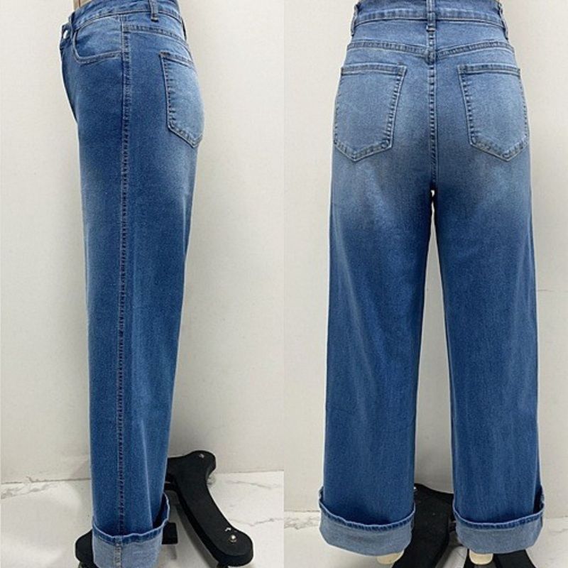 Women’s High Waisted Straight Leg Cuffed Jeans Vintage Casual Denim Pants