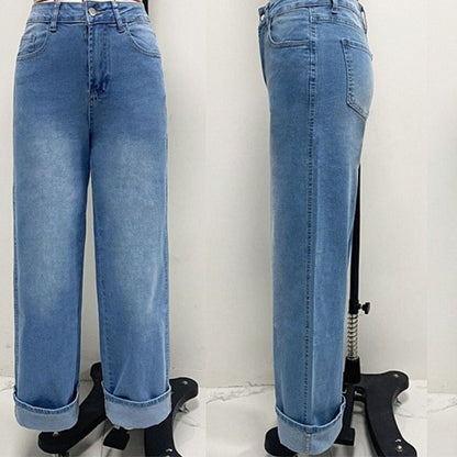Women’s High Waisted Straight Leg Cuffed Jeans Vintage Casual Denim Pants