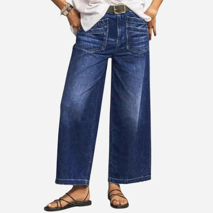 Women's high waisted straight wide leg baggy jeans stretch denim pants in navy