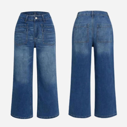 Women's high waisted straight wide leg baggy jeans stretch denim pants in navy, front and back views