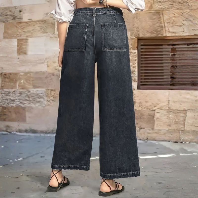 Women's high waisted straight wide leg baggy jeans stretch denim pants in black, back view