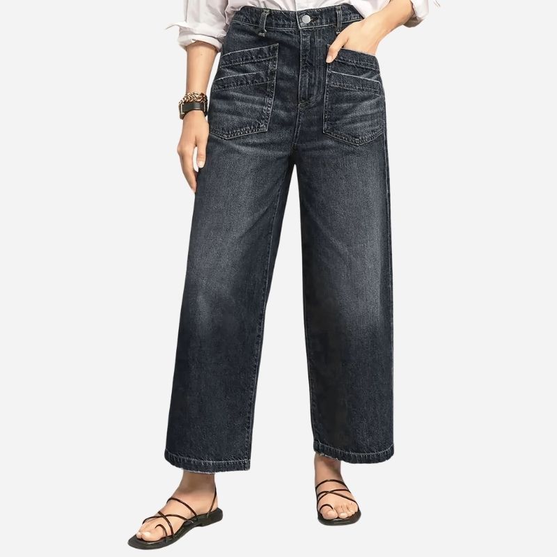 Women's high waisted straight wide leg baggy jeans stretch denim pants in black