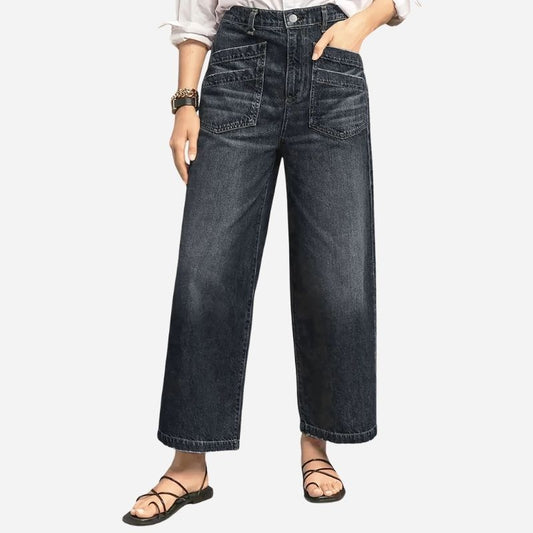 Women's high waisted straight wide leg baggy jeans stretch denim pants in black